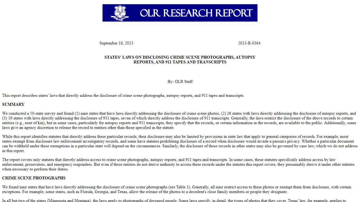 STATES' LAWS ON DISCLOSING CRIME SCENE PHOTOGRAPHS, AUTOPSY REPORTS ...