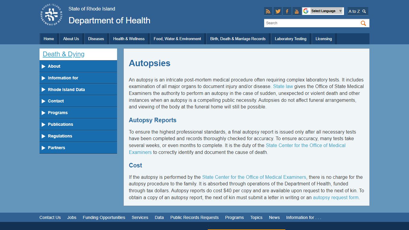 Autopsies: Department of Health - Rhode Island